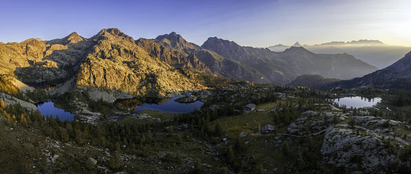 Panoramic aerial view of Lake Vallette and Bianco at sunset, Mont Avic, Aosta province, Valle D'Aosta, Italy, Europe.