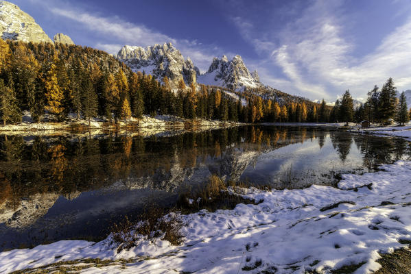 Cadini di Misurina group is reflected in Lake Antorno at sunset. Misurina, Auronzo di Cadore,Belluno district,Veneto,Italy,Europe