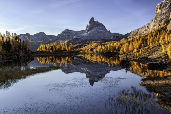 Autumn sunrise at Lake Federa, Cortina d'Ampezzo, Belluno district,Veneto,Italy,Europe