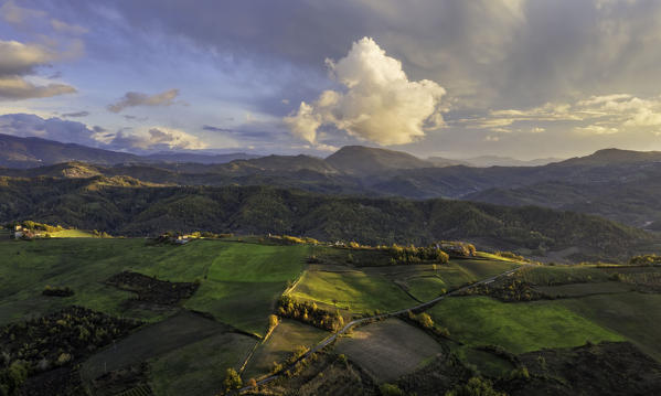 Aerial view of Alessandria hills at sunset, Alessandria province, Piedmont, Italy, Europe. 