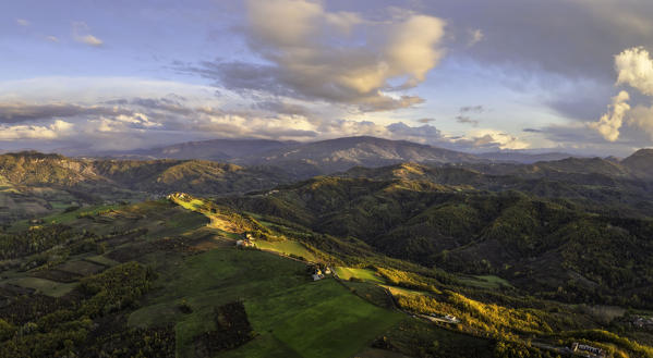 Aerial view of Alessandria hills at sunset, Alessandria province, Piedmont, Italy, Europe. 