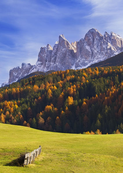 Val di Funes, Dolomites, Italy. The Odle group and the colors of autumn.