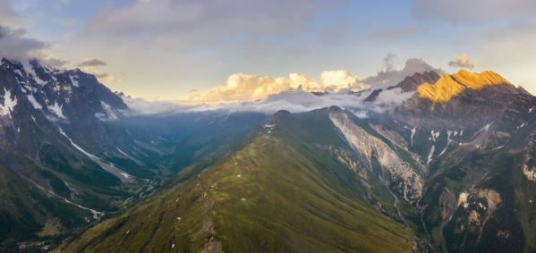 Panoramic aerial view of Val Ferret, Ferret Valley, Courmayeur, Aosta Valley, Italy, Europe