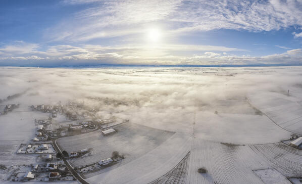 Aerial view of Pianura Padana in winter, Alessandria province, Po Valley, Piedmont, Italy, Europe. 