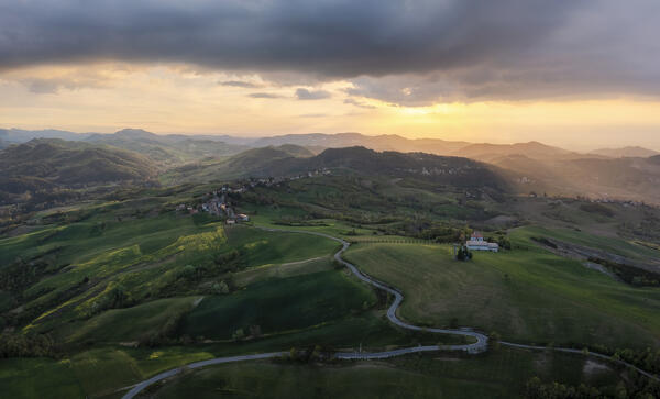 View of Oltrepo pavese hills at sunset, Pavia province, Lombardy, Italy, Europe. 