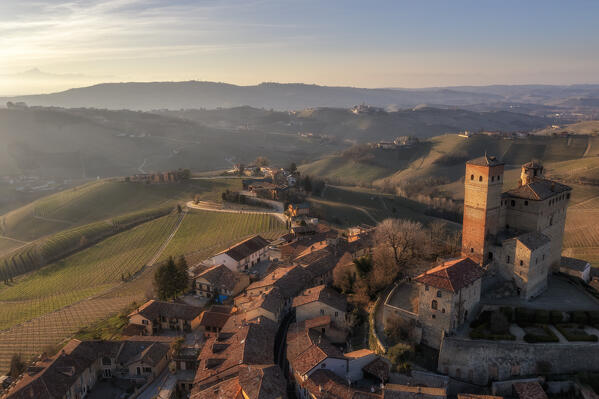 Aerial view of the medieval town of Serralunga D'Alba and its castle. Serralunga D'Alba, Barolo wine region, Langhe, Piedmont, Italy, Europe.
