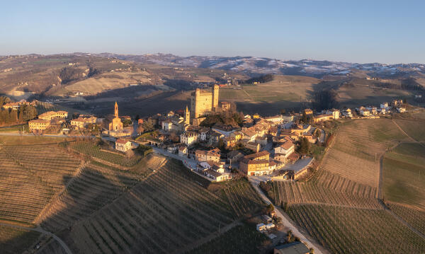 Aerial view of the medieval town of Serralunga D'Alba and its castle. Serralunga D'Alba, Barolo wine region, Langhe, Piedmont, Italy, Europe.