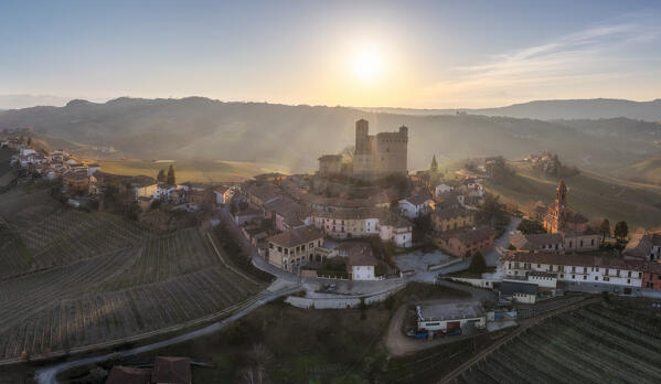 Aerial view of the medieval town of Serralunga D'Alba and its castle. Serralunga D'Alba, Barolo wine region, Langhe, Piedmont, Italy, Europe.
