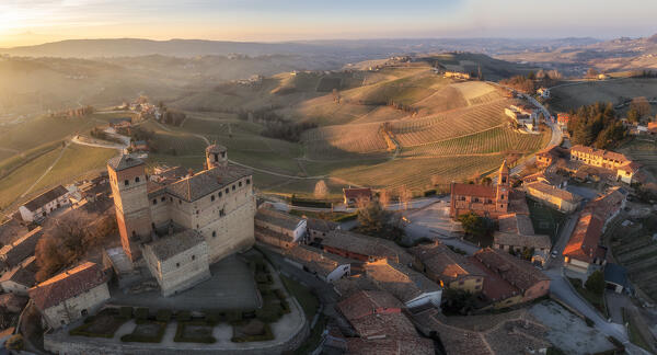 Aerial view of the medieval town of Serralunga D'Alba and its castle. Serralunga D'Alba, Barolo wine region, Langhe, Piedmont, Italy, Europe.