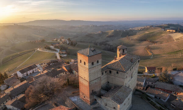 Aerial view of the medieval town of Serralunga D'Alba and its castle. Serralunga D'Alba, Barolo wine region, Langhe, Piedmont, Italy, Europe.