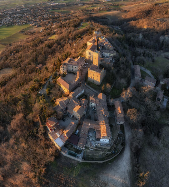 Aerial view of the medieval town of Nazzano and its castle. Nazzano, Oltrepo wine region, Oltrepo pavese, Rivanazzazno Terme,Lombardy, Italy, Europe.
