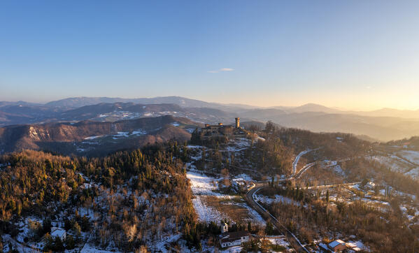 Winter aerial view of the castle San Lorenzo in the Alessandria hills. Pozzol Groppo, Alessandria province, Piedmont, Italy, Europe. 