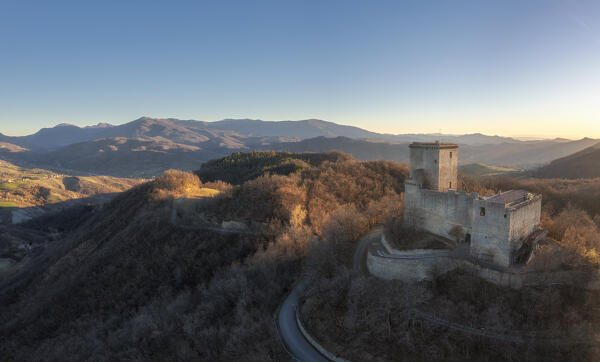 Aerial view of the castle Oramala at sunset. Varzi, Oltrepo wine region, Oltrepo pavese, Lombardy, Italy, Europe.

