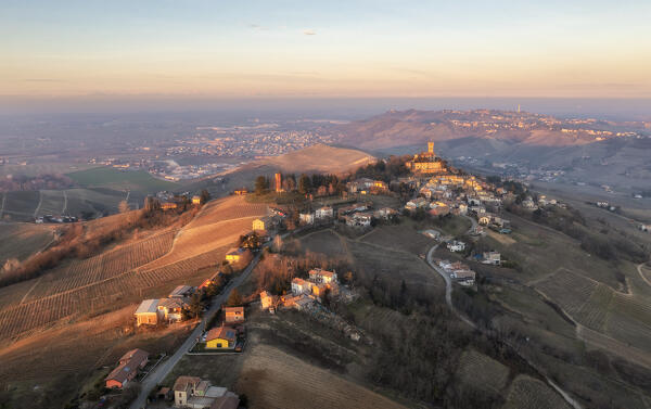 Aerial view of the town of Cigognola and its castle. Cigognola, Oltrepo wine region, Oltrepo pavese, Lombardy, Italy, Europe.
