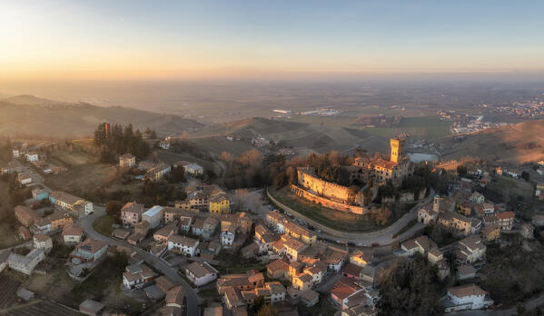 Aerial view of the town of Cigognola and its castle. Cigognola, Oltrepo wine region, Oltrepo pavese, Lombardy, Italy, Europe.