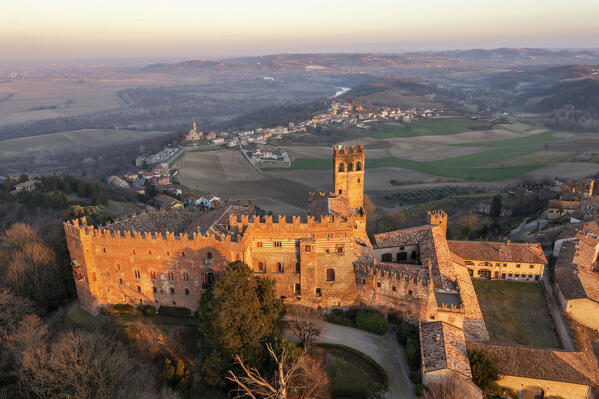 Aerial view of the medieval town of Camino Monferrato and its castle. Camino, Monferrato wine region, MOnferrato, Piedmont, Italy, Europe.