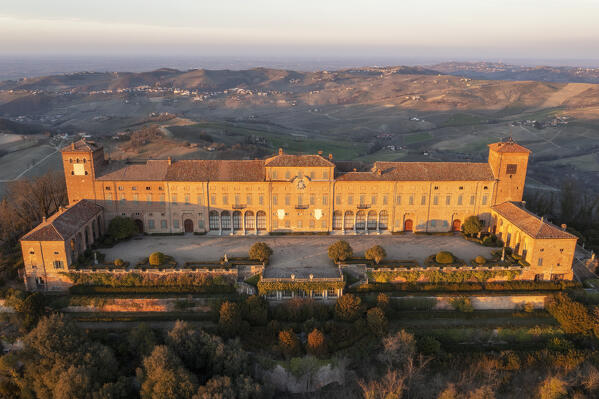 Aerial view of the Castle of Montalto Pavese at sunset. Montalto Pavese, Oltrepo wine region, Oltrepo, Lombardy, Italy, Europe.