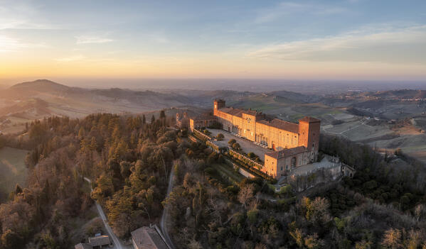 Aerial view of the Castle of Montalto Pavese at sunset. Montalto Pavese, Oltrepo wine region, Oltrepo, Lombardy, Italy, Europe.