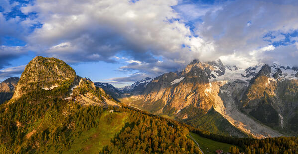Panoramic aerial view of Mont Blanc at Val Ferret. Ferret Valley, Courmayeur, Aosta Valley, Italy, Europe
