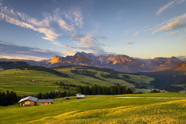 Alpe di Siusi/Seiser Alm at sunset, Dolomites, South Tyrol, Italy.