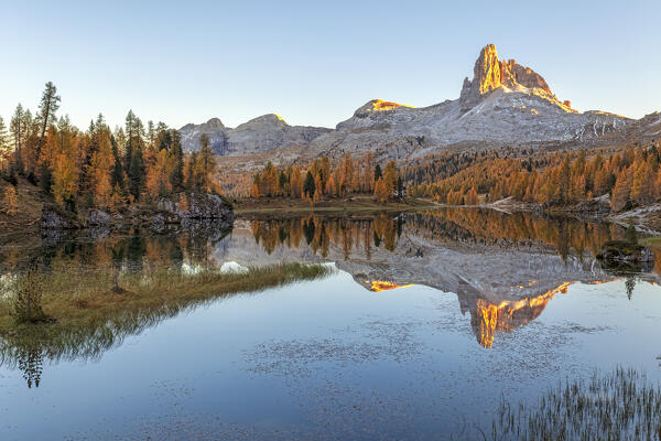 Autumn sunset at Lake Federa, Cortina d'Ampezzo, Belluno district,Veneto,Italy,Europe.