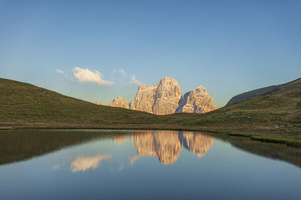 Monte Pelmo and Lago delle Baste at dusk. Selva di Cadore, Belluno, Veneto, Italy, Europe.