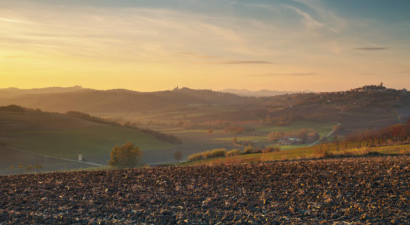 Monferrato hills, Piedmont, Italy. The last light of sunset in autumn