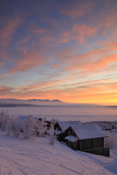 Sunrise on the snowy landscape, Bjorkliden, Abisko, Kiruna Municipality, Norrbotten County, Lapland, Sweden