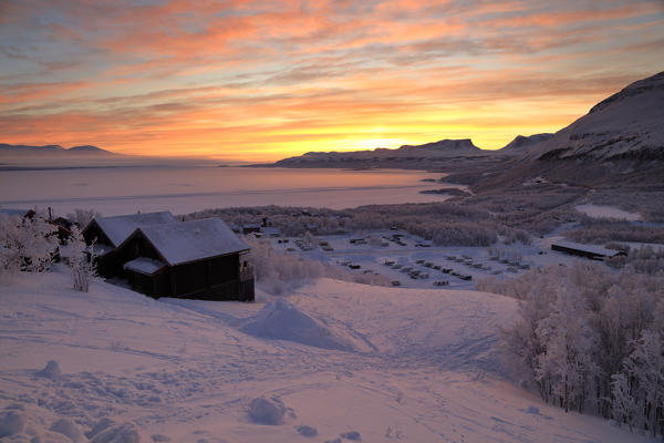 Sunrise on the snowy landscape, Bjorkliden, Abisko, Kiruna Municipality, Norrbotten County, Lapland, Sweden