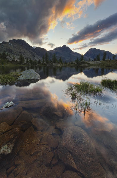 Lake Vallette at sunset, Mont Avic, Aosta province, Valle D'Aosta, Italy, Europe.