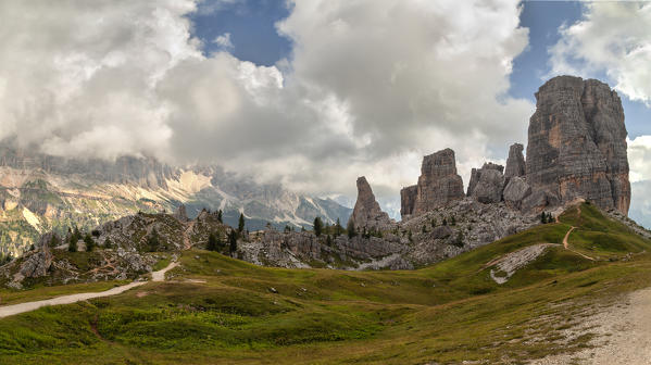 View of the Cinque Torri group at dawn, Cortina d'Ampezzo,Belluno district,Veneto,Italy,Europe