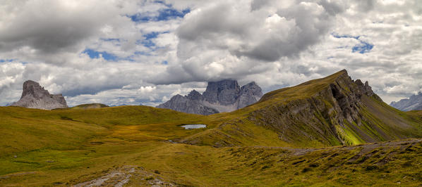 Mount Pelmo and Baste Lake. Giau Pass, Dolomites of Belluno, Veneto, Italy. Europe