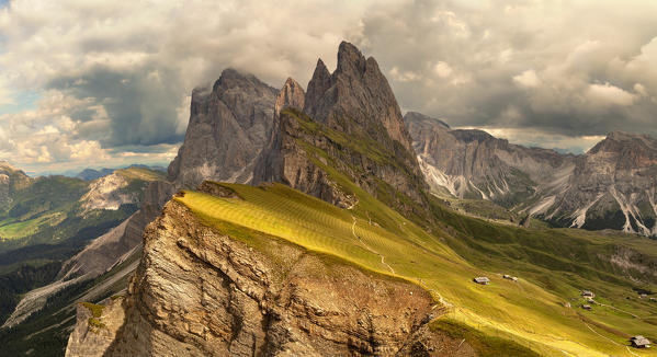 Elevated view from the top of Seceda mountain, of the Odle Mountains, Puez Odle Natural Park, Trentino Alto Adige, Italy