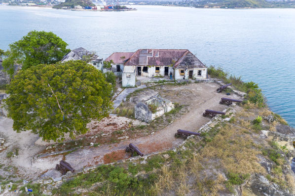 Aerial view of ruins of buildings at Fort James, St. John's, Antigua and Barbuda, Leeward Islands, West Indies, Caribbean, Central America 