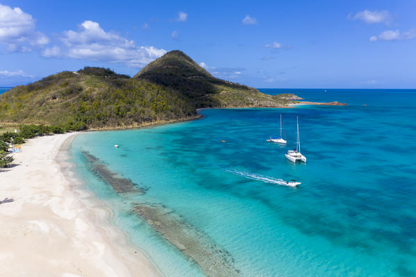 Aerial view by drone of Hermitage Bay and Pearns Point, Antigua, Antigua and Barbuda, Leeward Islands, West Indies, Caribbean, Central America