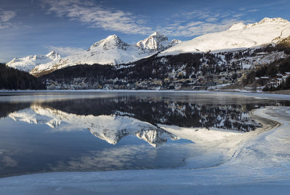 Lake St Moritz perfectly mirroring the alpine mountains, Engadine, Switzerland