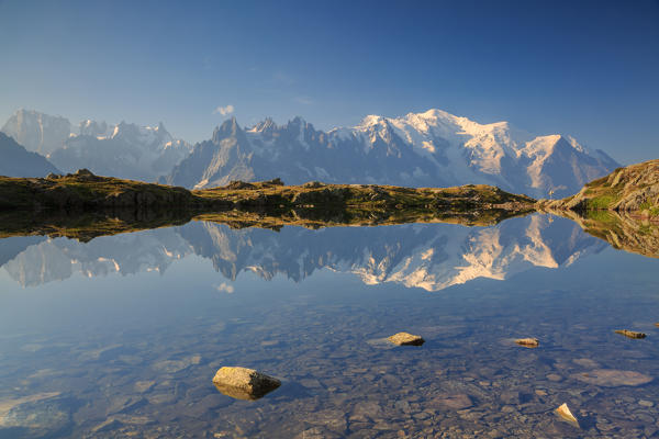 Mont Blanc mirrored on lake of Cheserys, France 