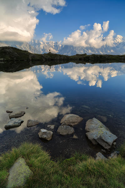 the gran jorasses mirrored on lake of Cheserys, chamonix,france, europe
