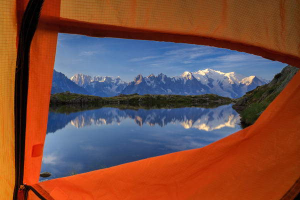 The mont blanc view from a tent on the French side