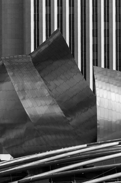 A detail of the metal sculptures on the entry of Harris Theatre. Chicago, Illinois, USA
