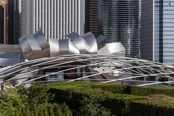 The steel sculptures up the entry of Harry Theatre in the Millenium Park. Chicago, Illinois, United States of America