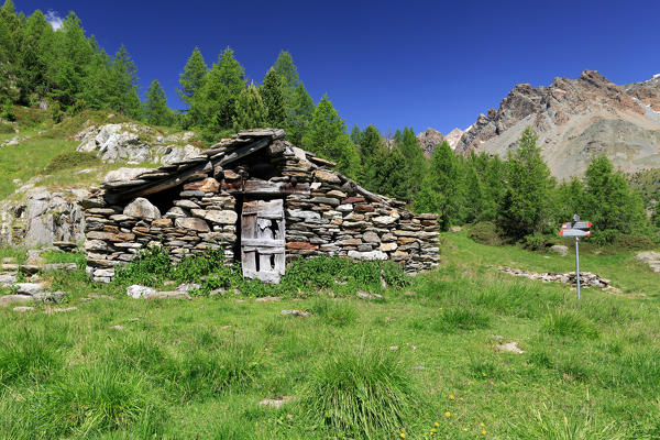 Old alpine hut at Alpe Zana, Valmalenco, Province of Sondrio, Lombardy, Italy, Europe