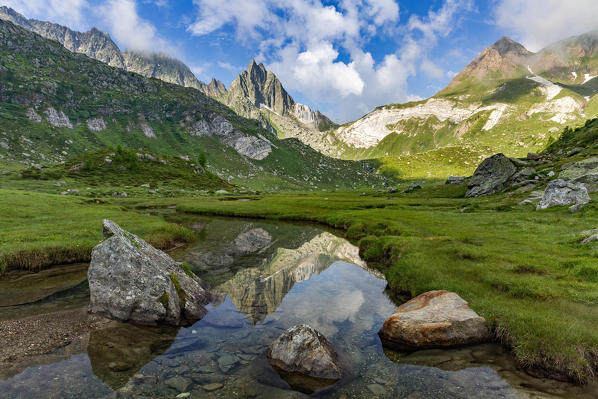 Pizzo Prevat mount reflection in a alpine stream near Capanna Leit, Valle Leventina, Canton Ticino, Switzerland, Europe 