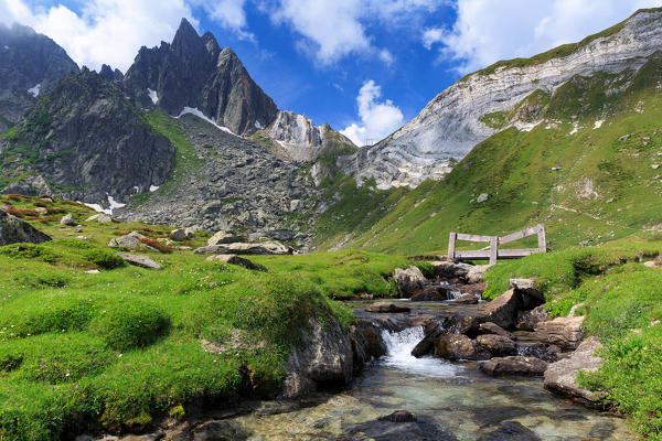 Small wood brige under Pizzo Prevat mount near Capanna Leit, Valle Leventina, Canton Ticino, Switzerland, Europe 