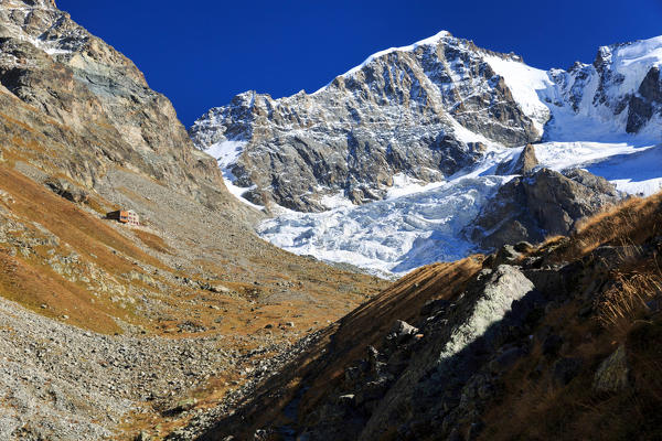 Piz Bernina glacier from Val Roseg near Capanna Tschierva hut, Engadin, Canton Grisons, Switzerland, Europe