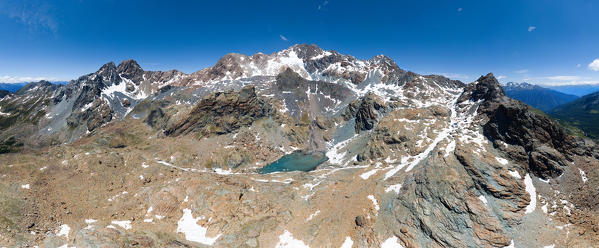 Panoramic photography on laghi della Cassandra lakes, under Monte Disgrazia, Val Torreggio, Valmalenco, Valtellina, Province of Sondrio, Italy, Europe