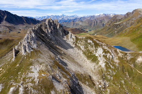 View on the limestone Pizzo Colombe peak in Val di Blenio, Lucomagno Pass, Canton Ticino, Switzerland, Europe
