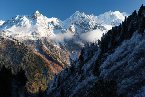 Iced Val Bregaglia peaks in autumn, Canton Grisons, Switzerland, Europe