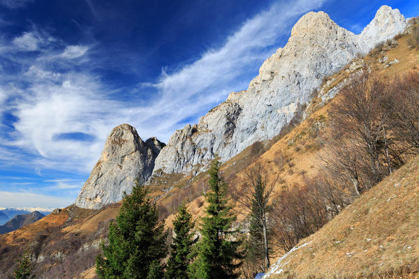 View on Grigne Group from the hiking trail towards Rifugio Elisa hut, Mandello del Lario, Province of Lecco, Lombardy, Italy, Europe
