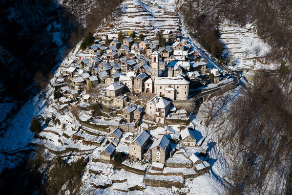 View on the small typical swiss village Corippo in winter, Val Verzasca, Canton Ticino, Swtizerland, Europe